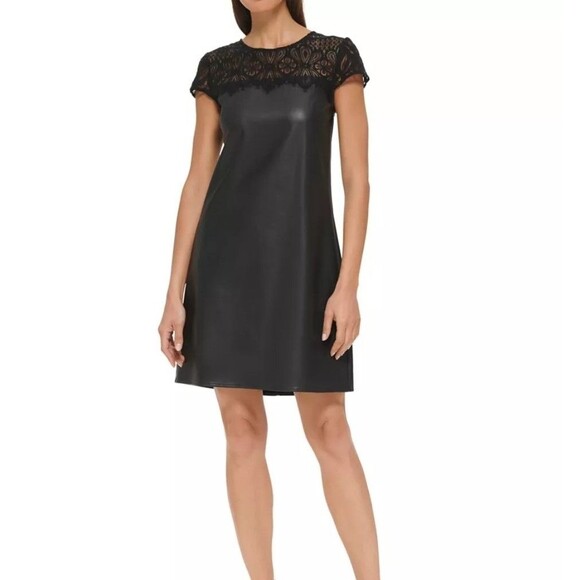 Kensie Dresses & Skirts - Kensie NWT Women's Black Lace-Trim Faux-Leather Shift Dress Size 10